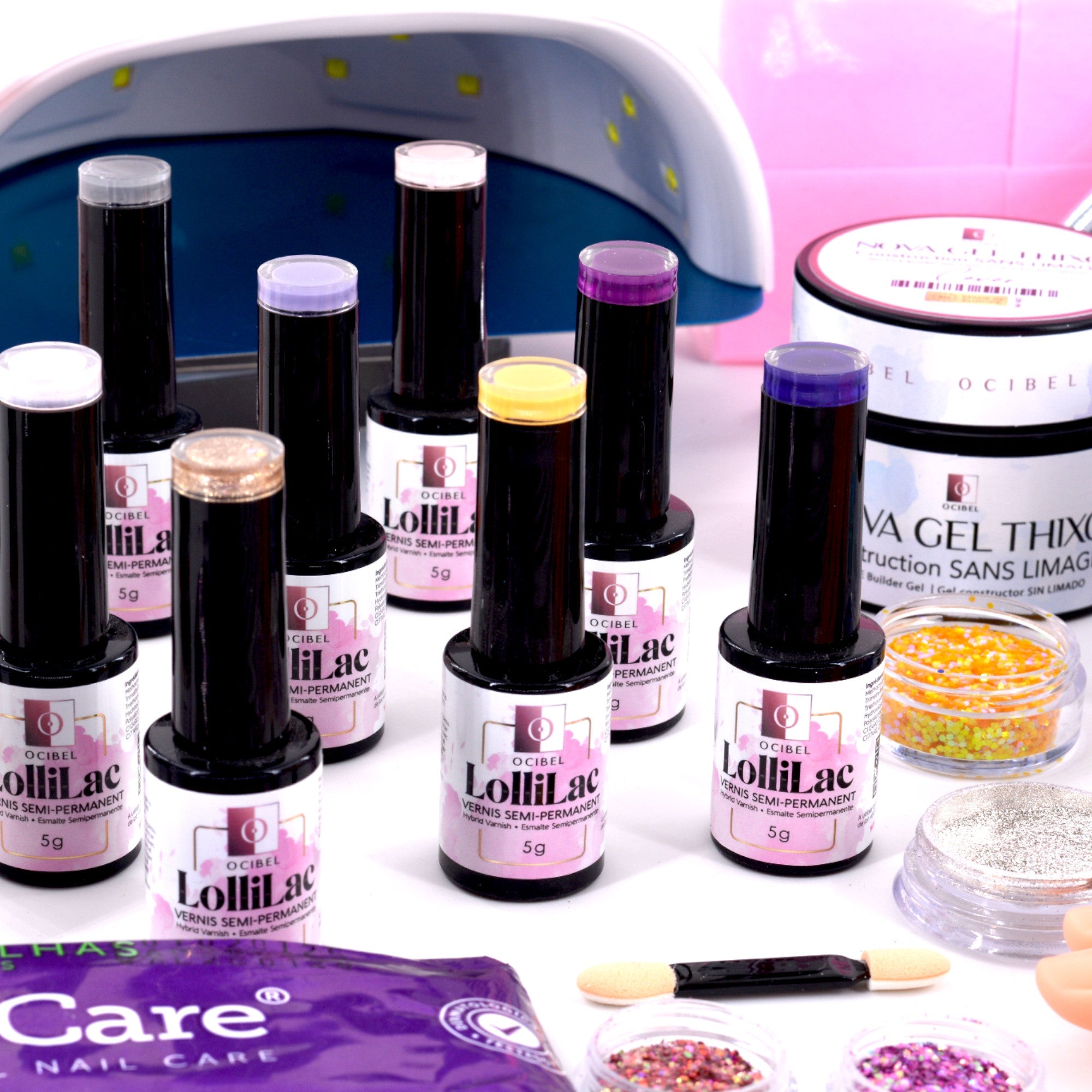 Kit Ongles Complet Master – Gel de Construction Sans Limage, 2 Lampes 72 W USB, 8 Vernis LolliLac, Accessoires et Soins Professionnels OCIBEL