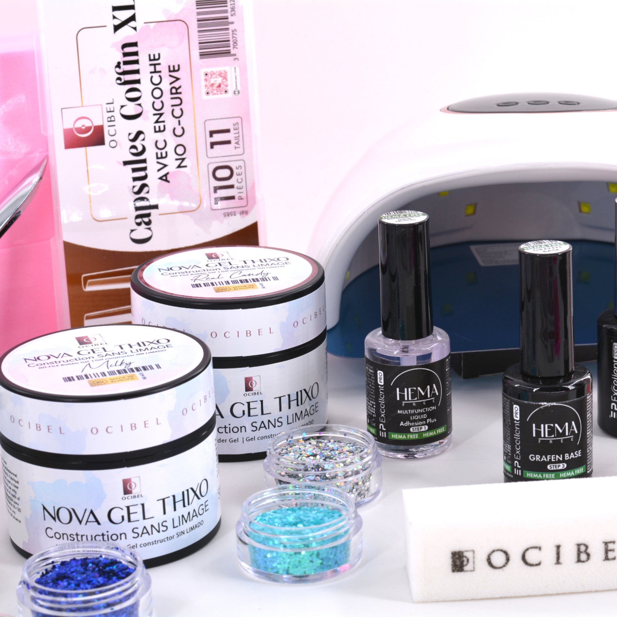 Kit Ongles Complet Master – Gel de Construction Sans Limage, 2 Lampes 72 W USB, 8 Vernis LolliLac, Accessoires et Soins Professionnels OCIBEL